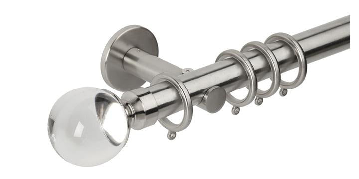 Hallis Neo Premium 28mm Stainless Steel Curtain Pole Clear Ball Finial/Cylinder Bracket - Curtain Poles Emporium