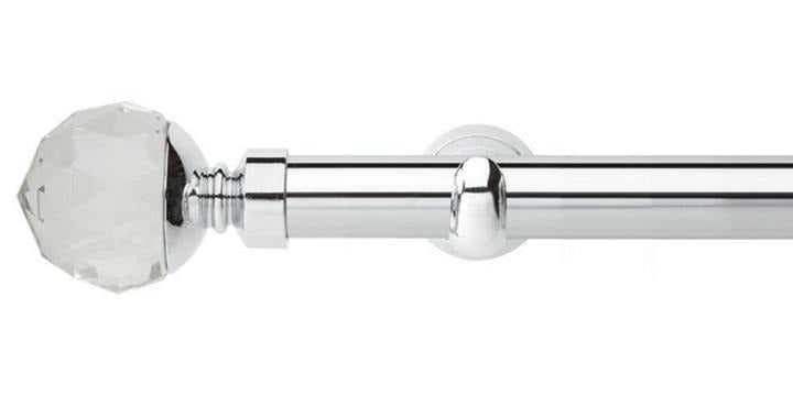 Hallis Neo Premium 28mm Chrome Eyelet Curtain Pole Clear Faceted Ball Finial Cup Bracket - Curtain Poles Emporium