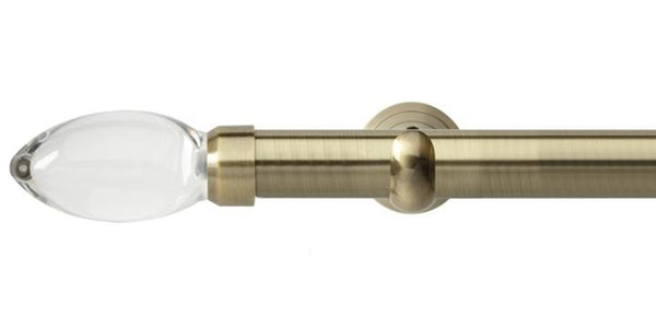 Hallis Neo Premium 28mm Spun Brass Eyelet Curtain Pole Clear Teardrop Finial Cup Bracket - Curtain Poles Emporium
