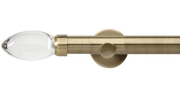 Hallis Neo Premium 28mm Spun Brass Eyelet Curtain Pole Clear Teardrop Finial Cylinder Bracket - Curtain Poles Emporium