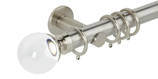 Hallis Neo Premium 35mm Stainless Steel Effect Curtain Pole Plain Ball Clear Finial Cylinder Bracket - Curtain Poles Emporium