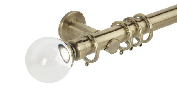 Hallis Neo Premium 35mm Spun Brass Effect Curtain Pole Plain Ball Clear Finial Cylinder Bracket - Curtain Poles Emporium