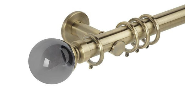 Hallis Neo Premium 35mm Spun Brass Effect Curtain Pole Plain Ball Smoke Grey Finial Cylinder Bracket - Curtain Poles Emporium