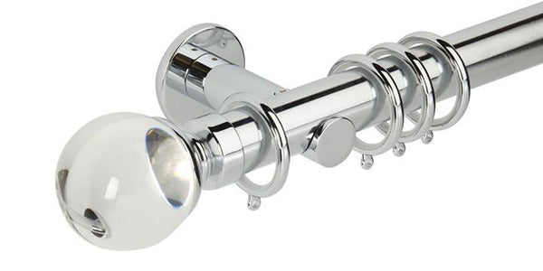 Hallis Neo Premium 35mm Chrome Effect Curtain Pole Plain Ball Clear Finial Cylinder Bracket - Curtain Poles Emporium