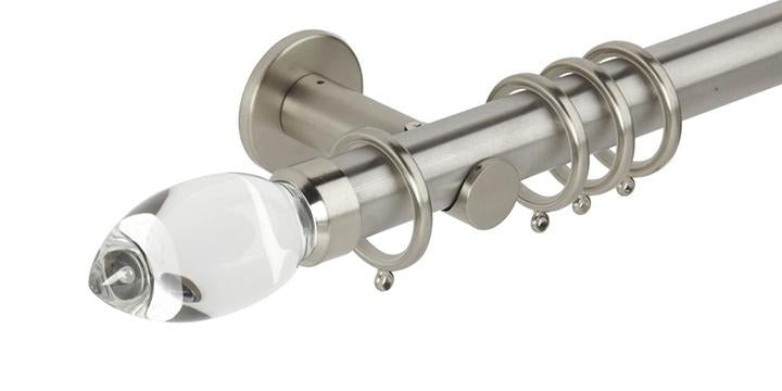 Hallis Neo Premium 35mm Stainless Steel Effect Curtain Pole Teardrop Clear Finial Cylinder Bracket - Curtain Poles Emporium