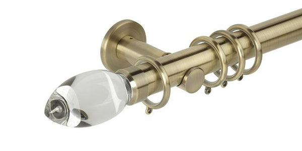 Hallis Neo Premium 35mm Spun Brass Curtain Pole Teardrop Clear Finial Cylinder Bracket - Curtain Poles Emporium
