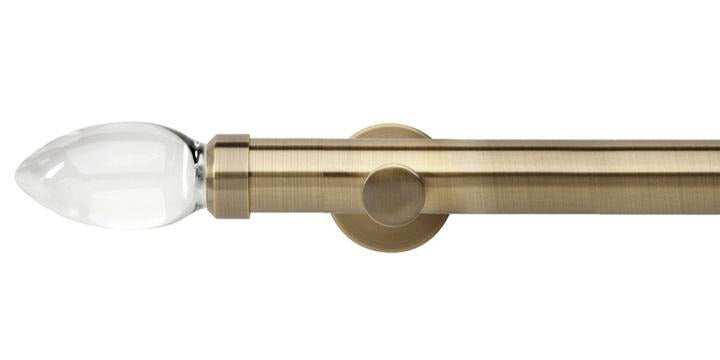 Hallis Neo Premium 35mm Spun Brass Eyelet Curtain Pole Clear Teardrop Finial Cylinder Bracket - Curtain Poles Emporium