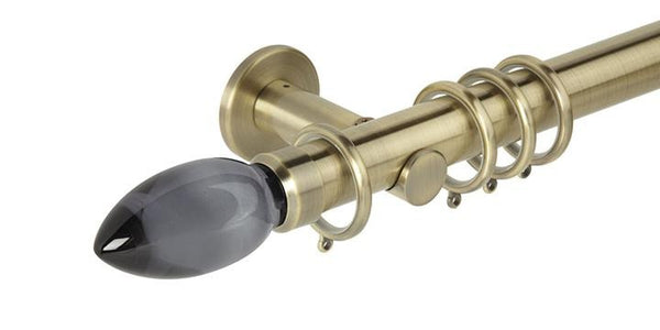 Hallis Neo Premium 35mm Spun Brass Curtain Pole Teardrop Smoke Grey Finial Cylinder Bracket - Curtain Poles Emporium