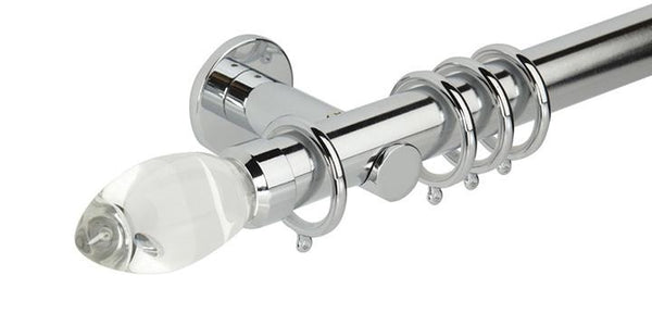 Hallis Neo Premium 35mm Chrome Effect Curtain Pole Teardrop Clear Finial Cylinder Bracket - Curtain Poles Emporium