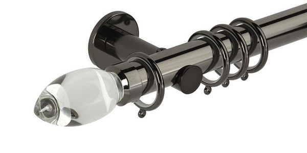 Hallis Neo Premium 35mm Black Nickel Curtain Pole Teardrop Clear Finial Cylinder Bracket - Curtain Poles Emporium