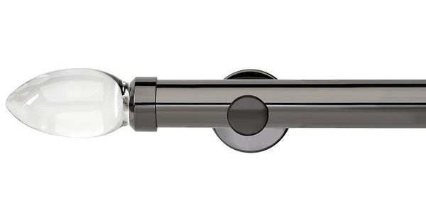 Hallis Neo Premium 28mm Black Nickel Eyelet Curtain Pole Clear Teardrop Finial Cylinder Bracket - Curtain Poles Emporium