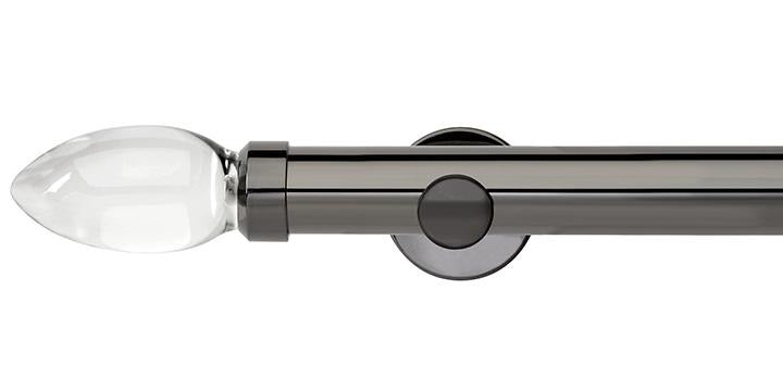 Hallis Neo Premium 28mm Black Nickel Eyelet Curtain Pole Clear Teardrop Finial Cylinder Bracket - Curtain Poles Emporium