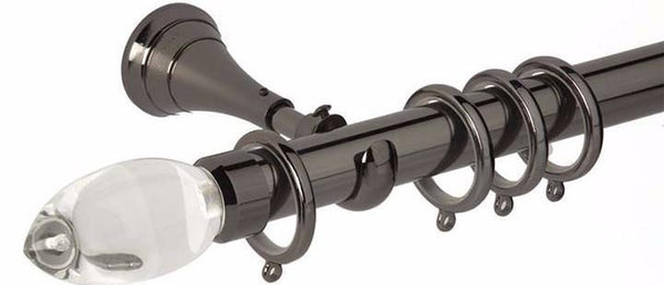 Hallis Neo Premium 28mm Black Nickel Curtain Pole Teardrop Clear Finial Cup Bracket - Curtain Poles Emporium
