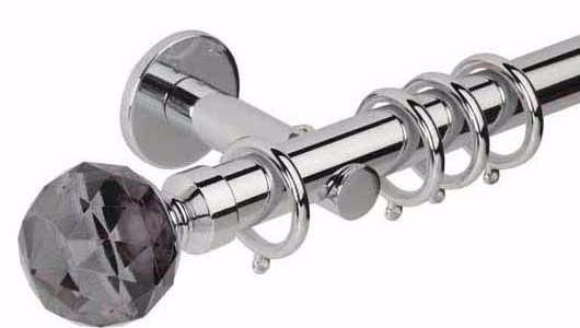 Hallis Neo Premium 28mm Chrome Effect Curtain Pole Faceted Ball Smoke Grey Finial/Cylinder Bracket - Curtain Poles Emporium
