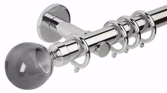 Hallis Neo Premium 28mm Chrome Effect Curtain Pole Smoke Grey Ball Finial/Cylinder Bracket - Curtain Poles Emporium