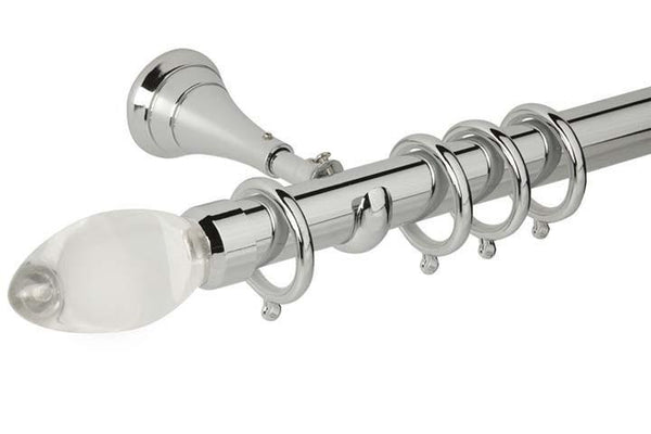 Hallis Neo Premium 28mm Chrome Effect Curtain Pole Teardrop Clear Finial Cup Bracket - Curtain Poles Emporium