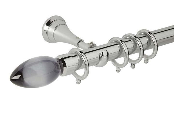 Hallis Neo Premium 28mm Chrome Effect Curtain Pole Teardrop Smoke Grey Finial Cup Bracket - Curtain Poles Emporium