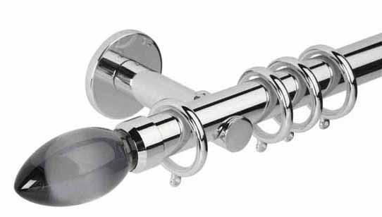 Hallis Neo Premium 28mm Chrome Effect Curtain Pole Teardrop Smoke Grey Finial/Cylinder Bracket - Curtain Poles Emporium