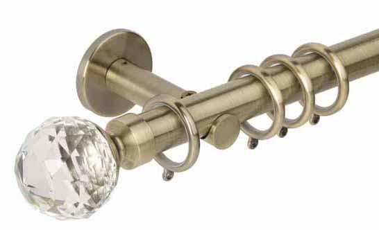 Hallis Neo Premium 28mm Spun Brass Effect Curtain Pole Faceted Ball Clear Finial/Cylinder Bracket - Curtain Poles Emporium
