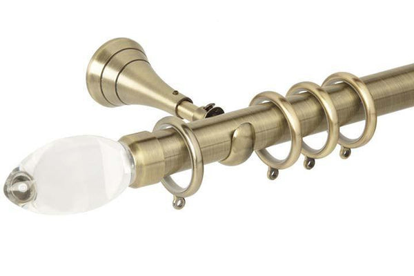 Hallis Neo Premium 28mm Spun Brass Effect Curtain Pole Teardrop Clear Finial Cup Bracket - Curtain Poles Emporium