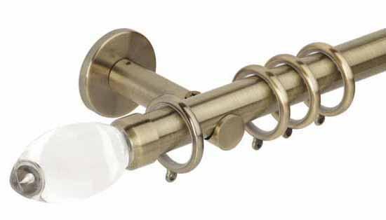 Hallis Neo Premium 28mm Spun Brass Effect Curtain Pole Teardrop Clear Finial/Cylinder Bracket - Curtain Poles Emporium