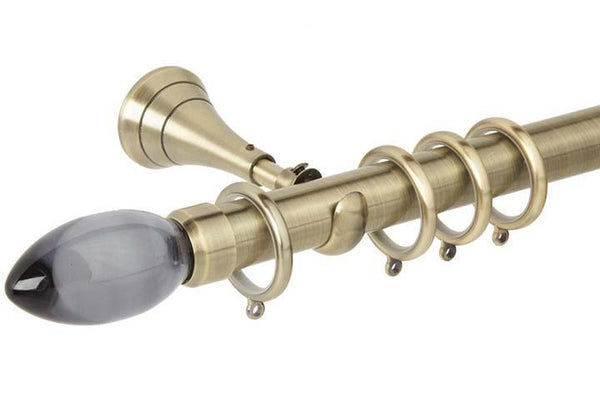 Hallis Neo Premium 28mm Spun Brass Effect Curtain Pole Teardrop Smoke Grey Finial Cup Bracket - Curtain Poles Emporium