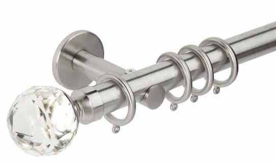 Hallis Neo Premium 28mm Stainless Steel Effect Curtain Pole Faceted Ball Clear Finial/Cylinder Bracket - Curtain Poles Emporium