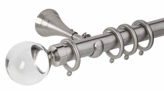 Hallis Neo Premium 28mm Stainless Steel Effect Curtain Pole Plain Ball Clear Finial - Curtain Poles Emporium
