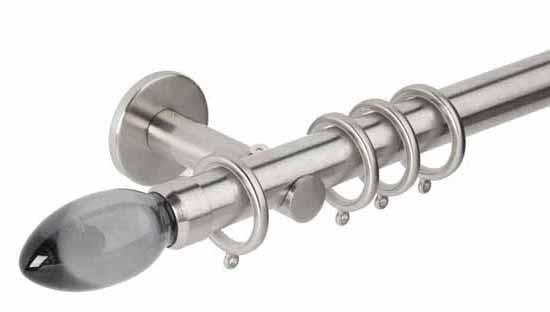 Hallis Neo Premium 28mm Stainless Steel Effect Curtain Pole Teardrop Smoke Grey Finial/Cylinder Bracket - Curtain Poles Emporium